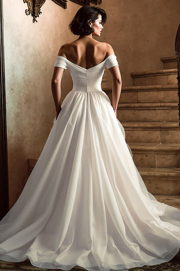 Off the Shoulder A Line White Wedding Dress with Sweep Train